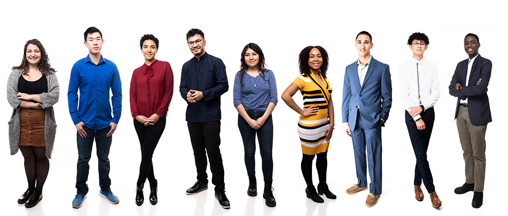 portraits of nine students all in a line