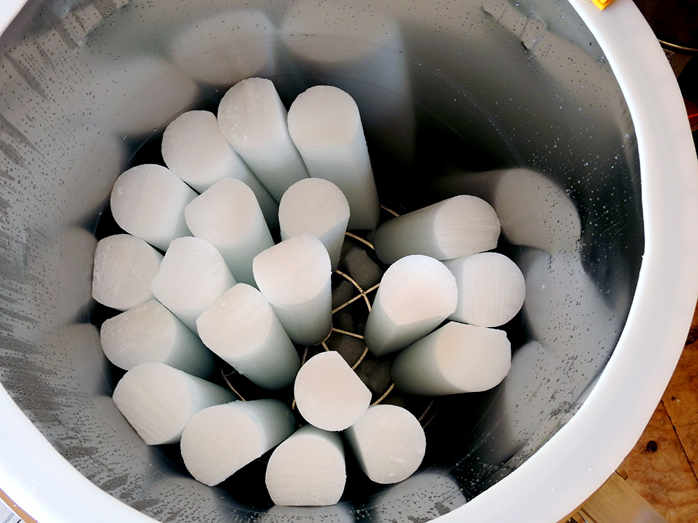 Metal container filled with dozens of long, cylindrical ice cores. 