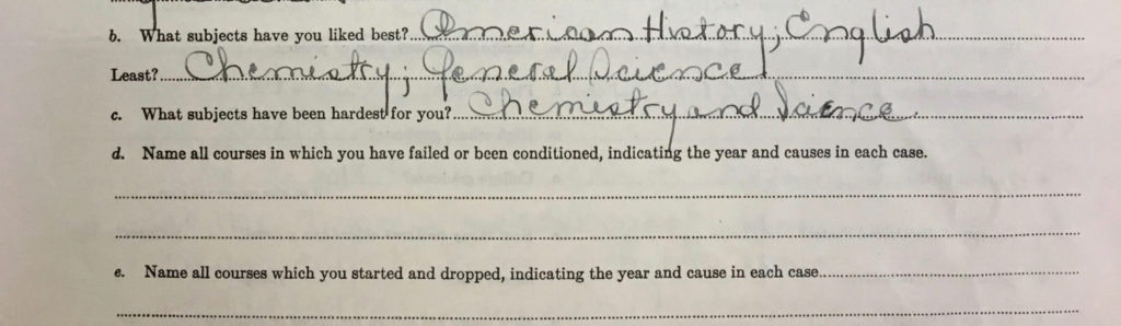scan of a handwritten college application.
