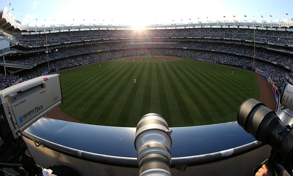 TV cameras looking onto an empty baseball field.