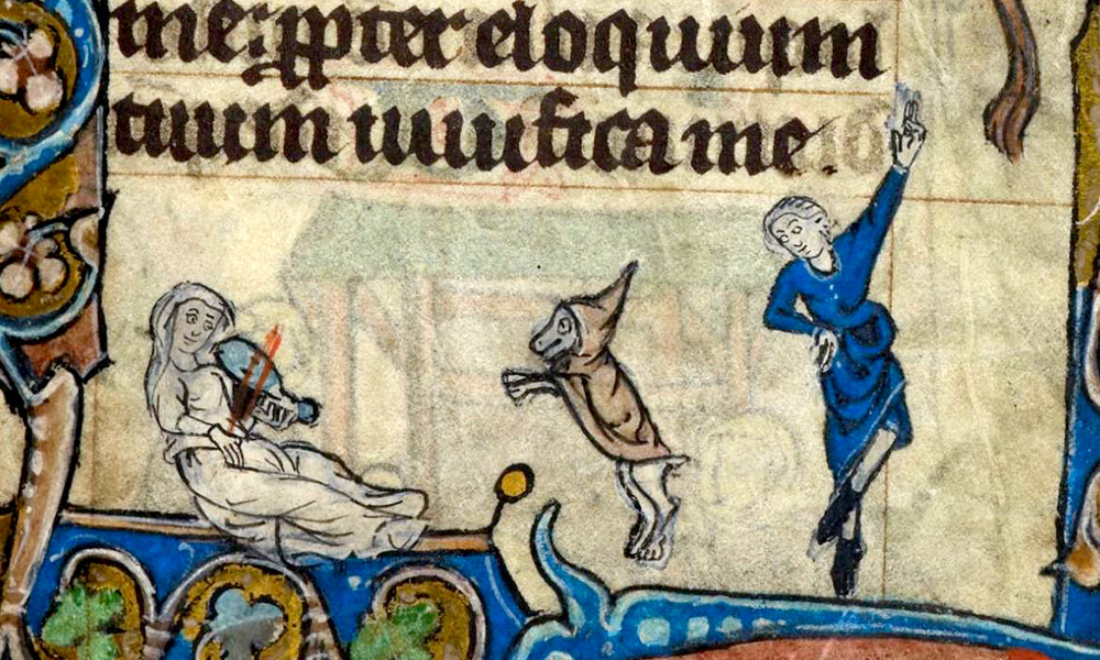 Feature image illustration from medieval text shows two characters singing and dancing, along with a dancing dog