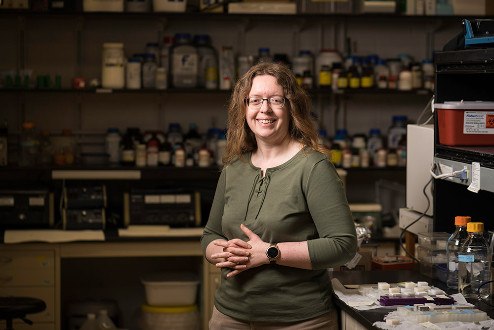 portrait of Anne Meyer in her lab creating artificial mother-of-pearl