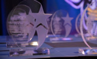 Close up of a table of awards.