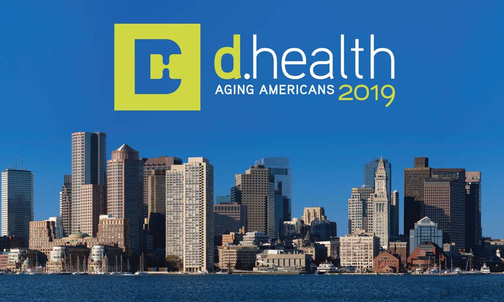 Boston skyline with "d.health aging Americans 2019" and d.health Summit logo above it.
