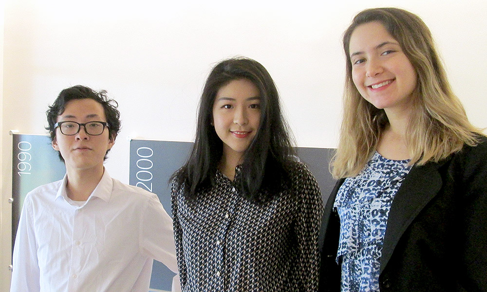 Feature image Business majors Zetian Xiao, Jixuan Liu, and Teddi Shapiro.