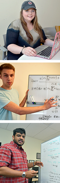 three photos of students working on laptops or showing math equations on a white board
