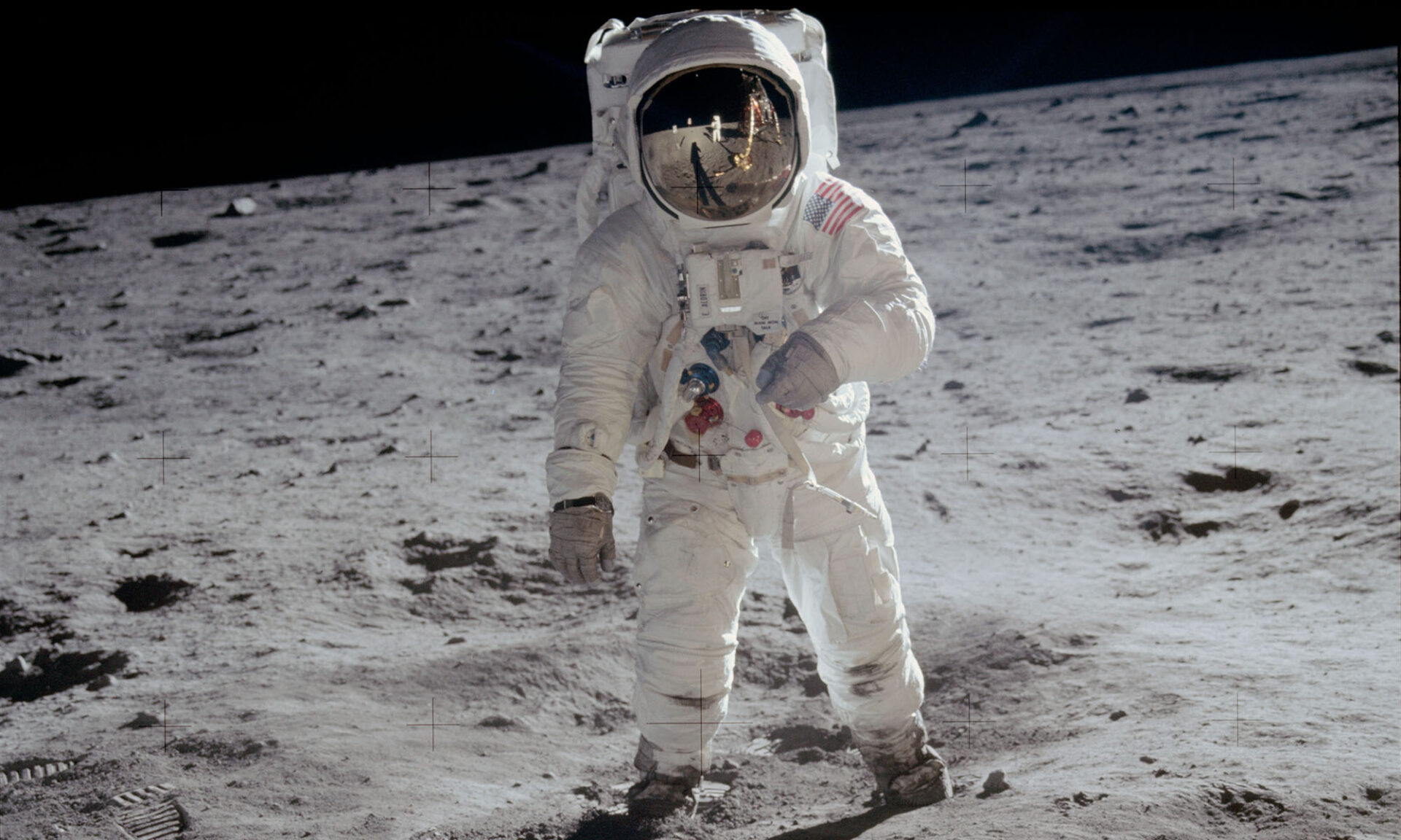 Buzz Aldrin in a spacesuit during his moon landing.