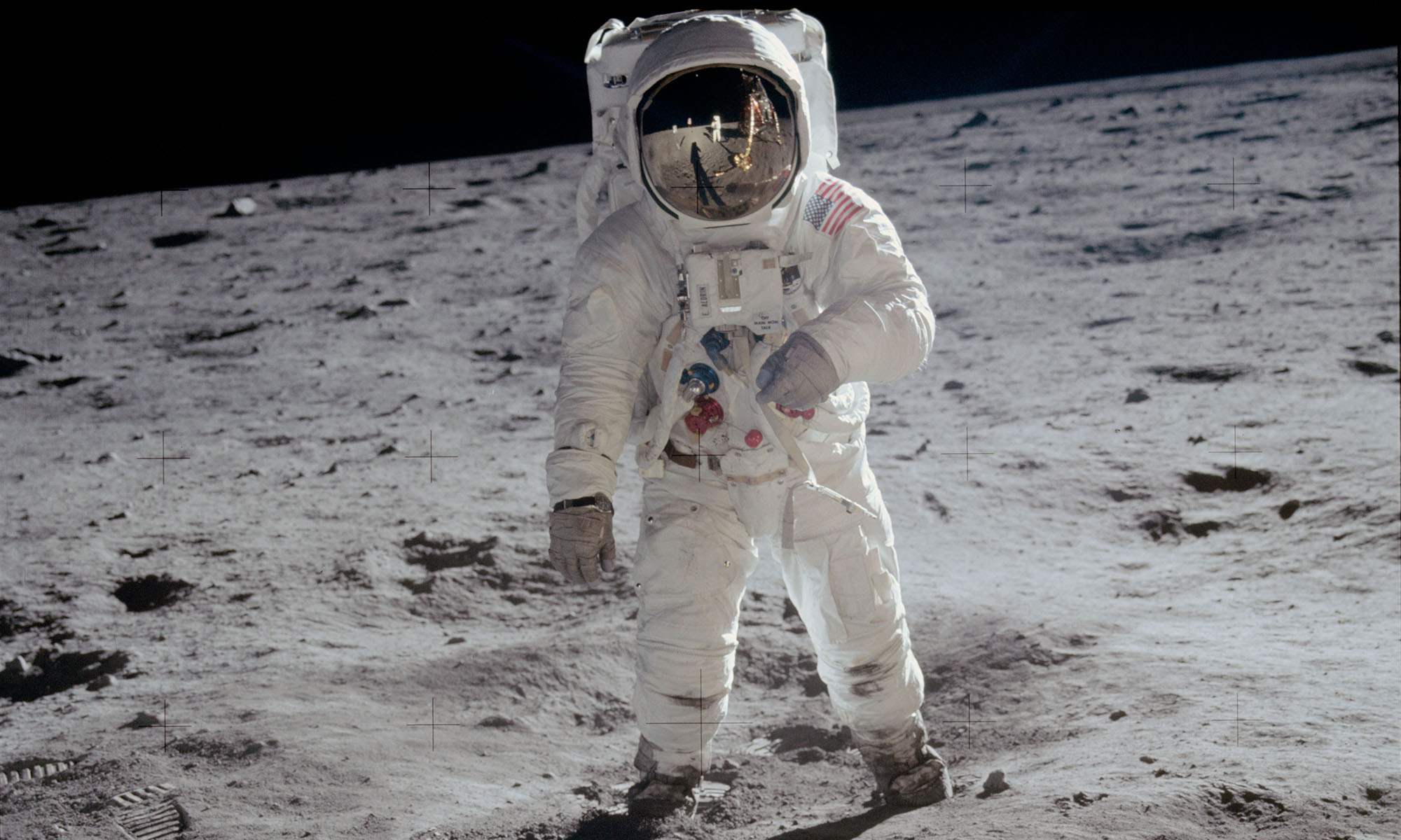 Buzz Aldrin in a spacesuit during his moon landing.