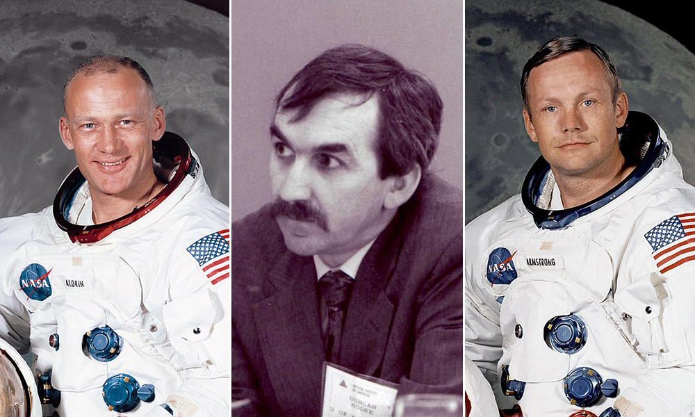 three archival portraits of astronauts Buzz Aldrin and Neil Armstrong and professor Duncan Moore