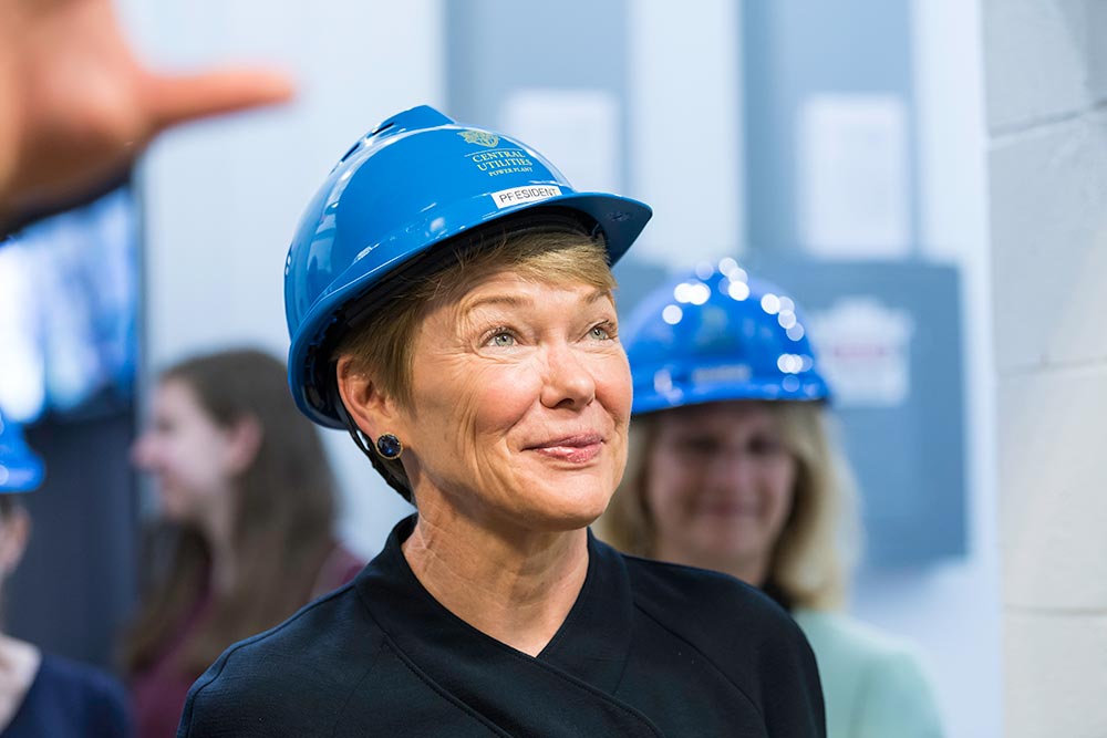 President Mangelsdorf wearing a hard hat.