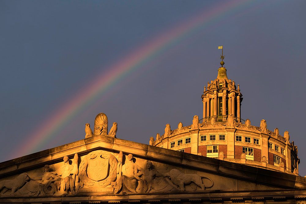 Feature image rainbow over Rush Rhees Library