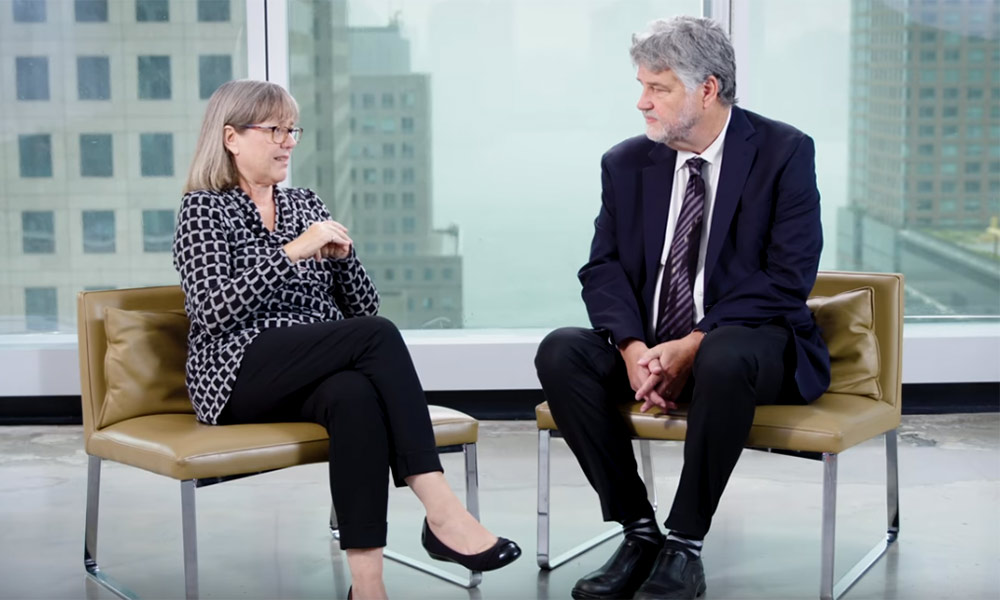 Feature image Donna Strickland sitting and talking with Mike Campbell