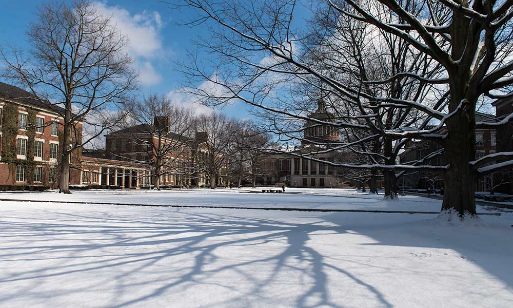 snow on the quad with the library in the background.