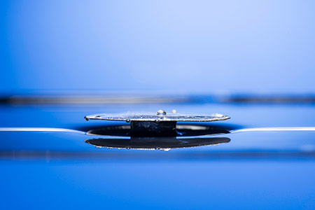 superhydrophobic metallic discs sitting on the surface of a beaker of water.