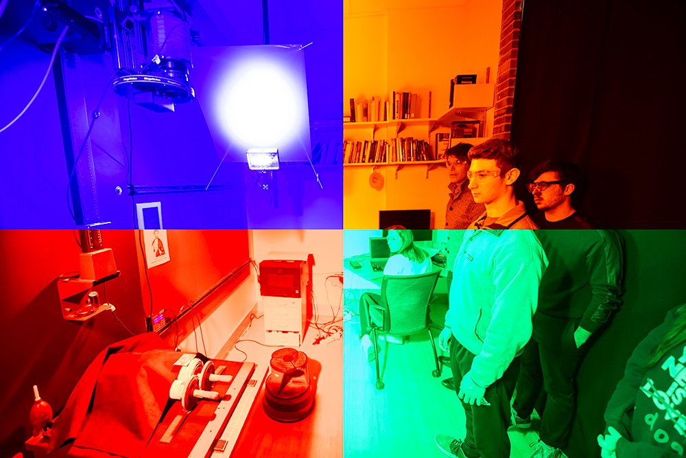 a composite of four photos of students in a lab, each quadrant a different color.