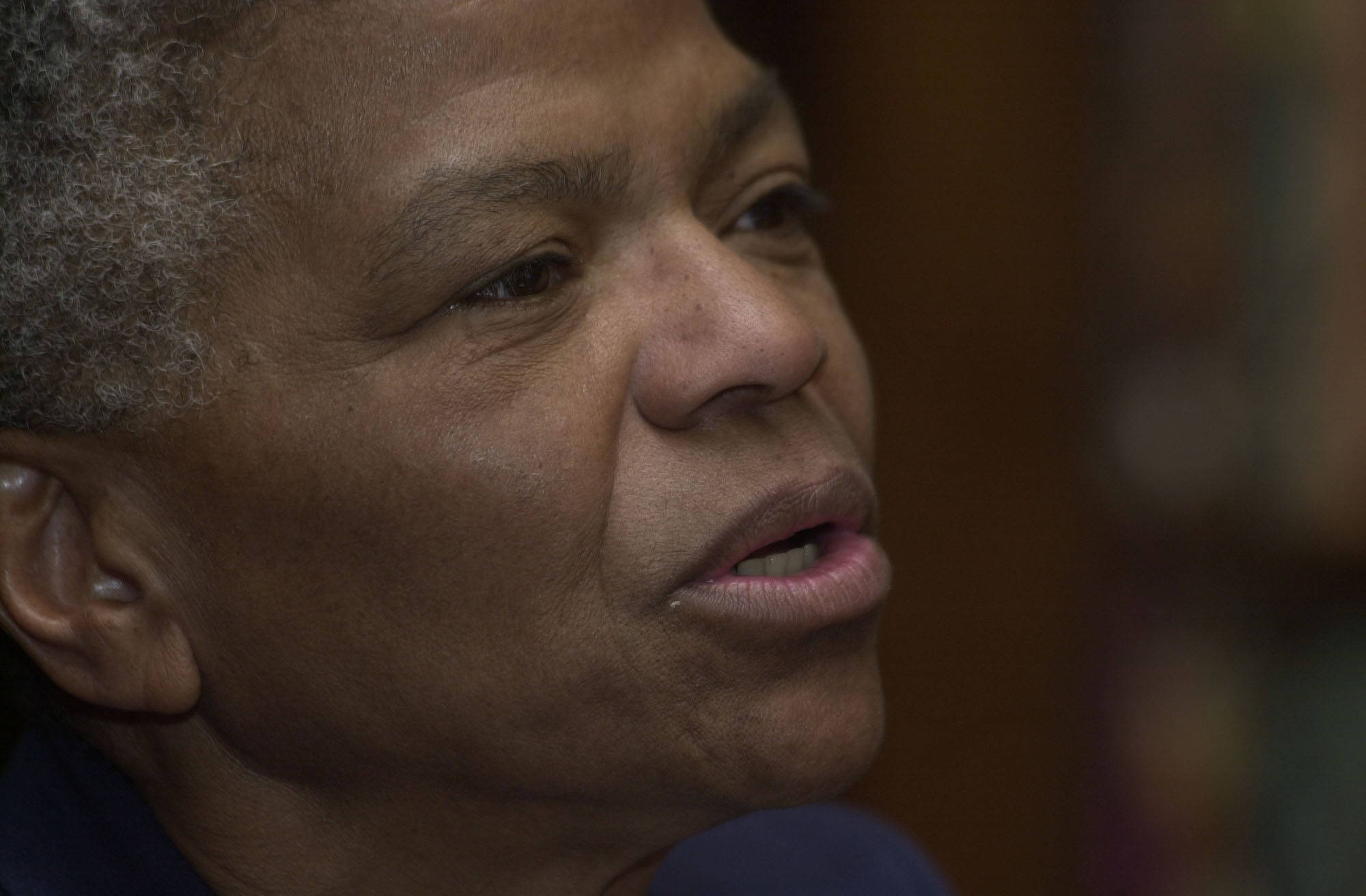 Extreme closeup of Mary Frances Berry at the 2002 Martin Luther King Jr. Commemorative Address at URochester.
