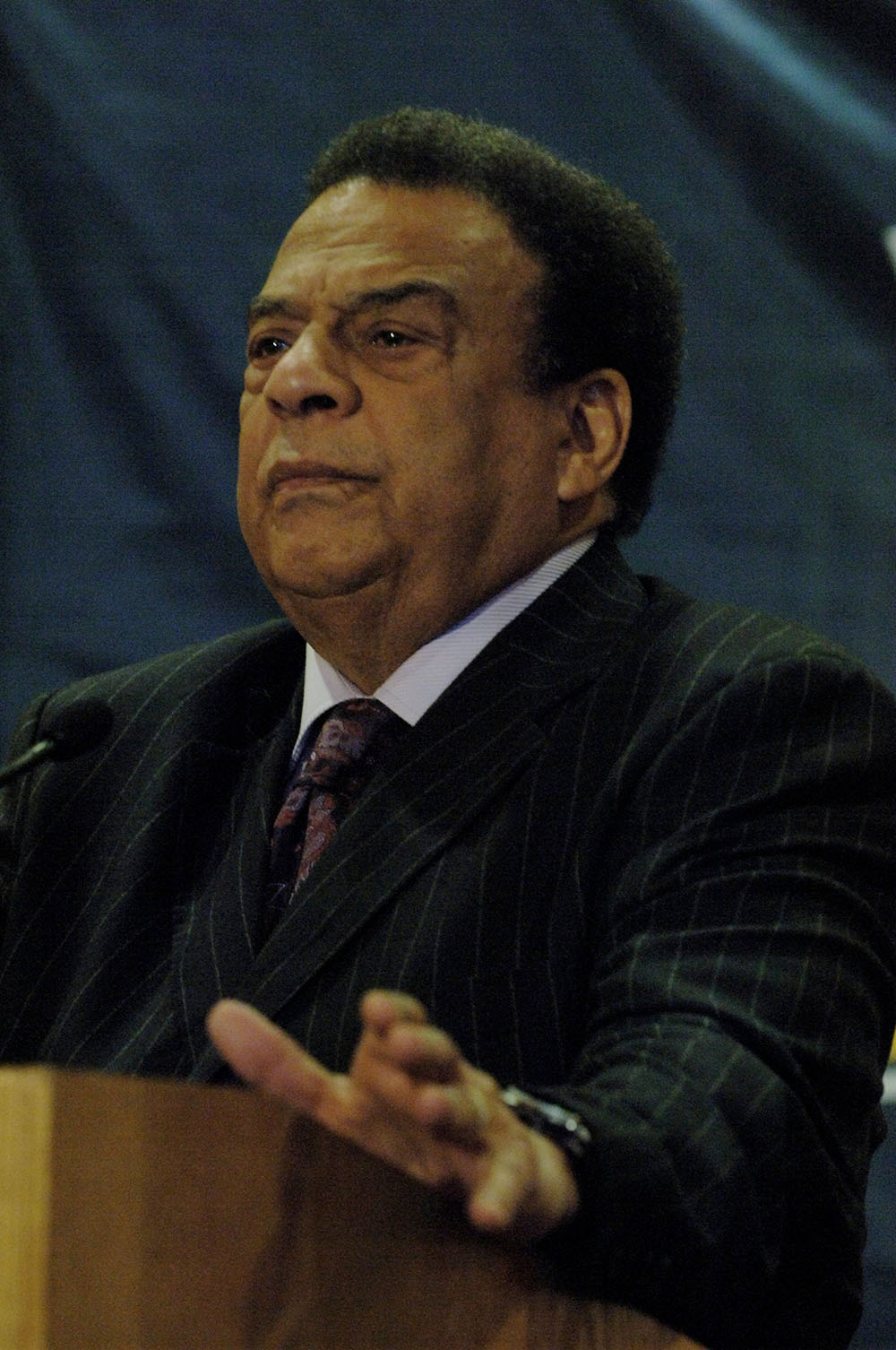 Andrew Young at a podium during the 2008 Martin Luther King Jr. Commemorative Address at URochester.