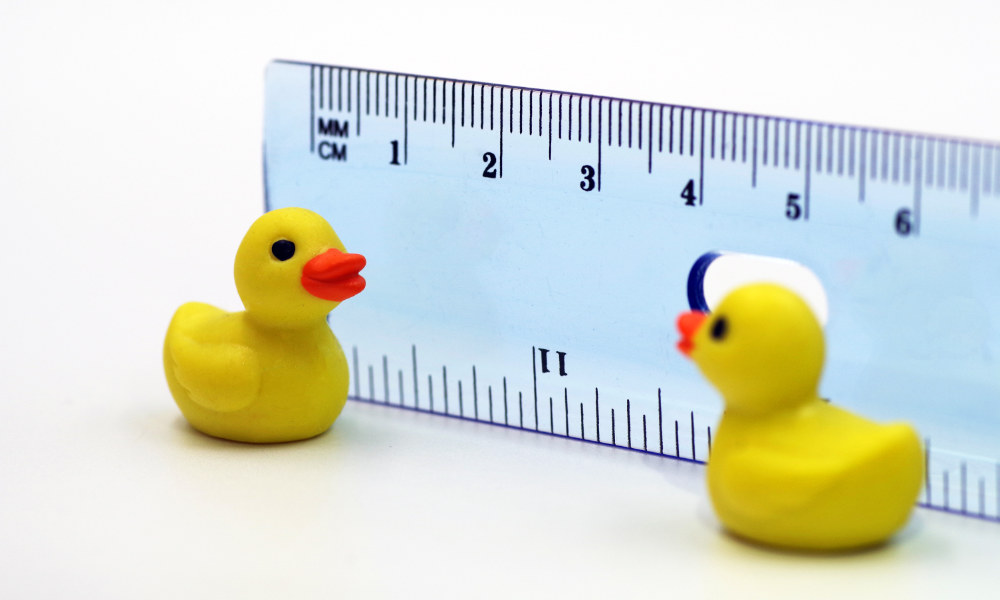 Rubber ducks and a ruler illustrating the social distancing concept of staying six feet apart.