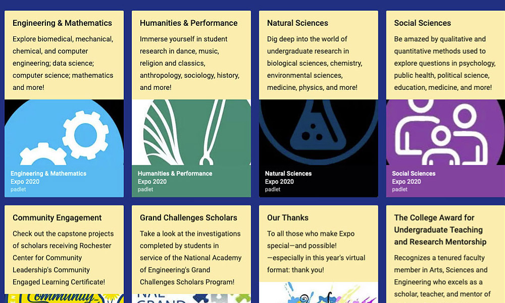 Feature image Computer screen showing a collection of poster thumbnails in categories for engineering and math, humanities and performance, natural sciences, social sciences, community engagement.