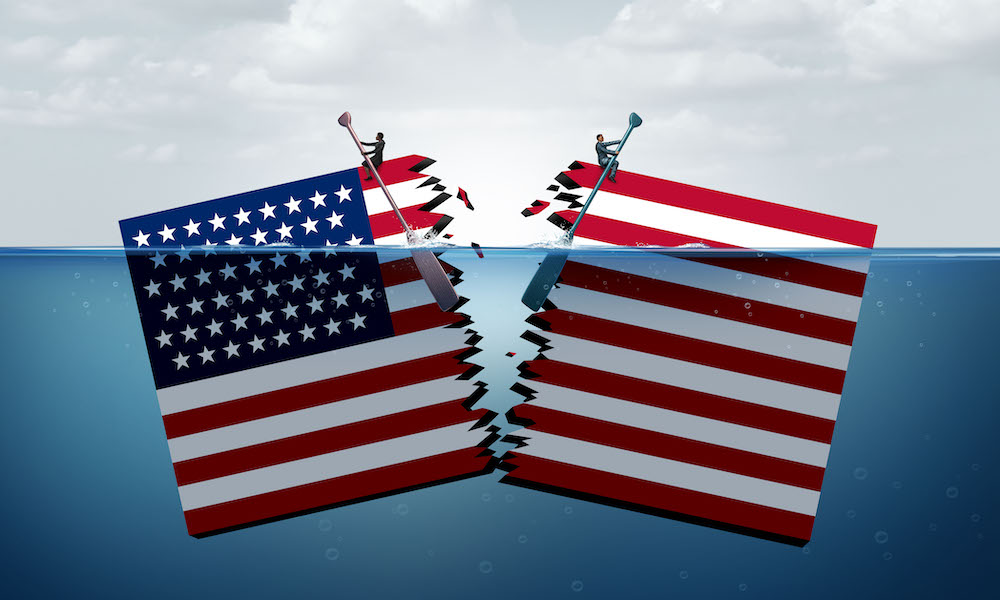 Illustration of American flag being torn in two.