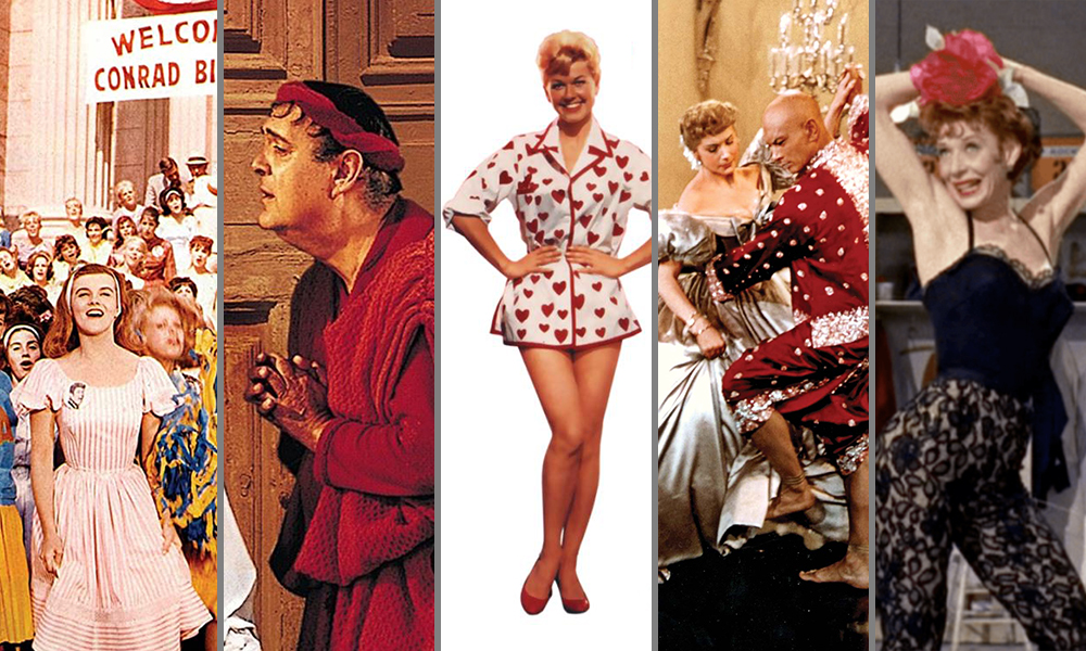 Feature image stills from five movies: Bye Bye Birdie, A Funny Thing Happened on the Way to the Forum, The Pajama Game, The King and I, and Damn Yankees.