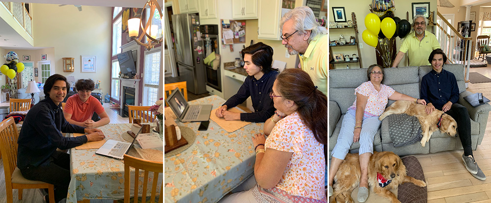three prictures show a family watching the degree conferrals online, and celebrating with their dogs and balloons.