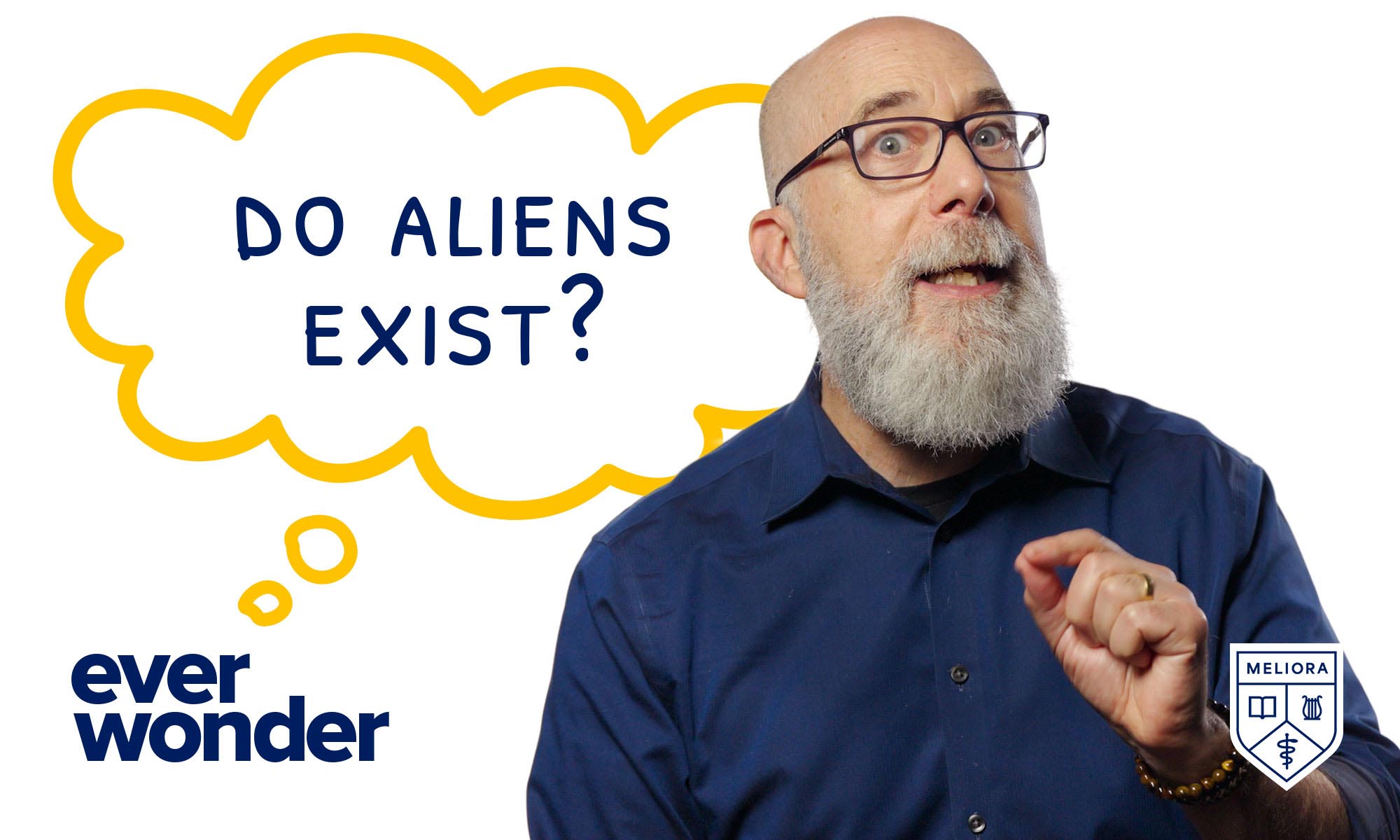 Adam Frank against a white background an a thought bubble that reads: "ever wonder do aliens exist"?