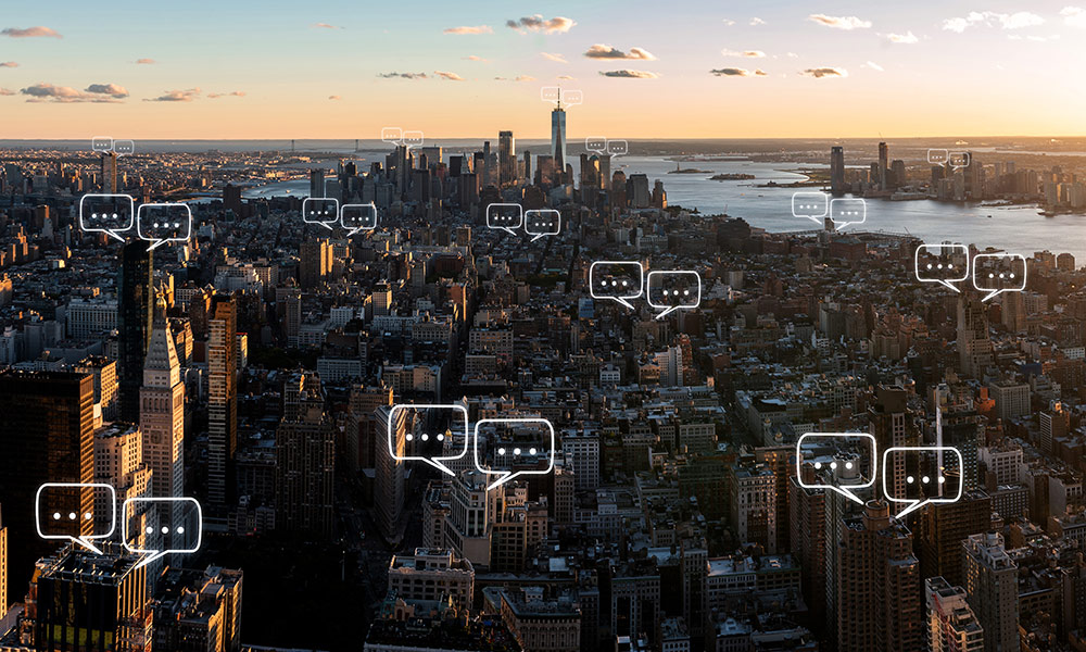 social media bubbles over Manhattan.