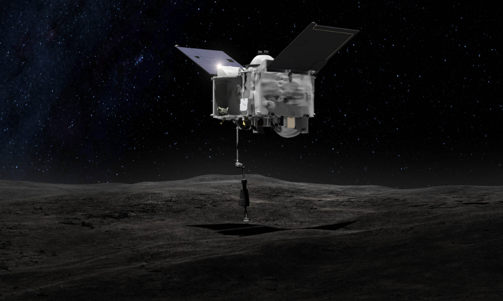 Illustration of OSIRIS-REx collecting samples on an asteroid surface.