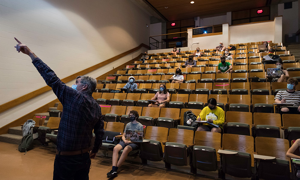 class meeting with social distancing in lecture hall
