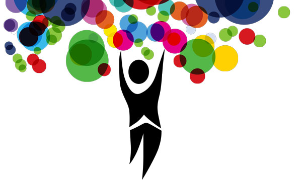 Kearns Center logo, solid black illustrated figure surrounded by colorful circles.