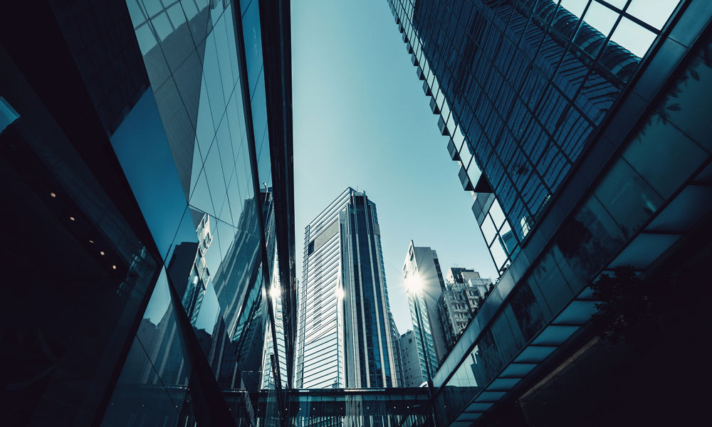 Layers of contemporary financial skyscrapers in Central Business District, Hong Kong.