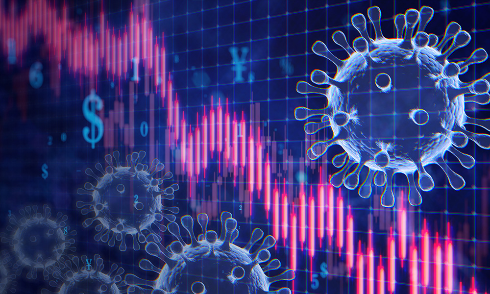 graphic of falling red trend line with an coronavirus image in the foreground