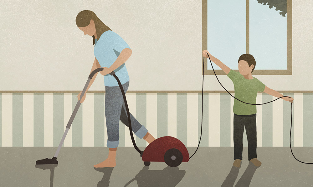 Feature image Illustration of woman vacuuming and child.