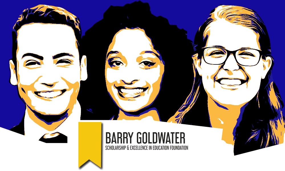 illustrations of three winners with the Goldwater logo