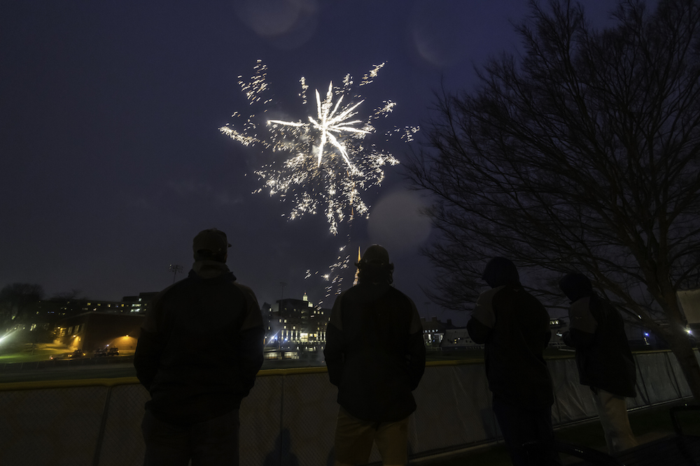 students lined up to watch fireworks