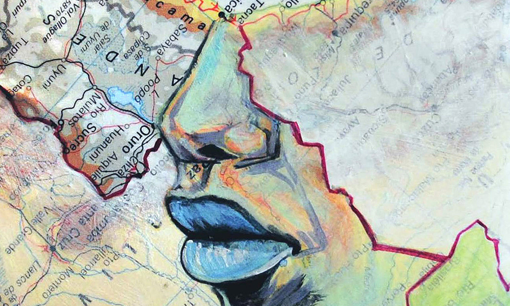 Feature image detail of a painting or illustration shows a close up of a person's face over a map of the world.