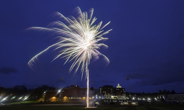 fireworks with Rush Rhees Library in the background