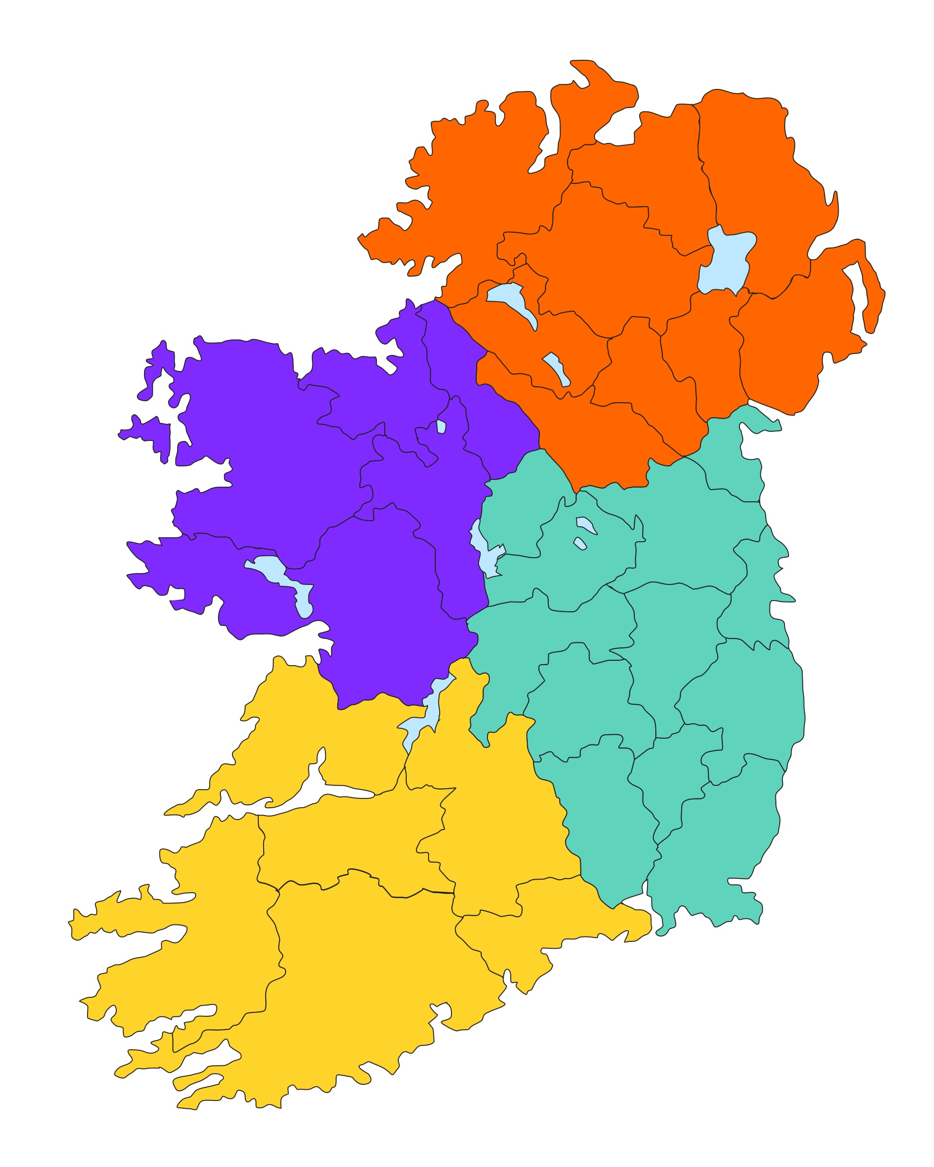 Map of four provinces of Ireland.