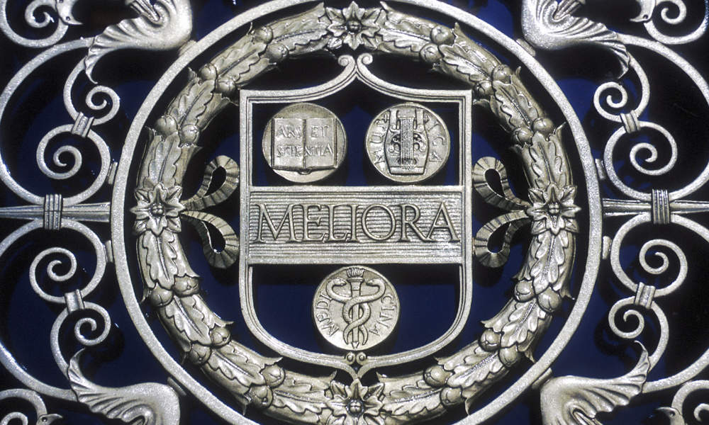 Detailed crop of the Meliora shield made of metalwork.