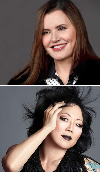 Stacked headshots of Geena Davis and Margaret Cho..