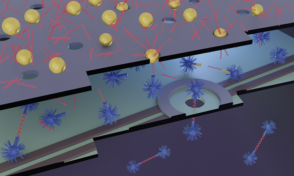 artist's illustration of biomarkers coupled with nanoparticles.