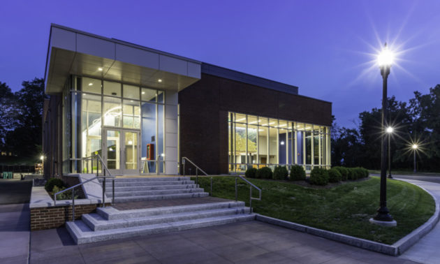 Sloan Performing Arts Center exterior at night.