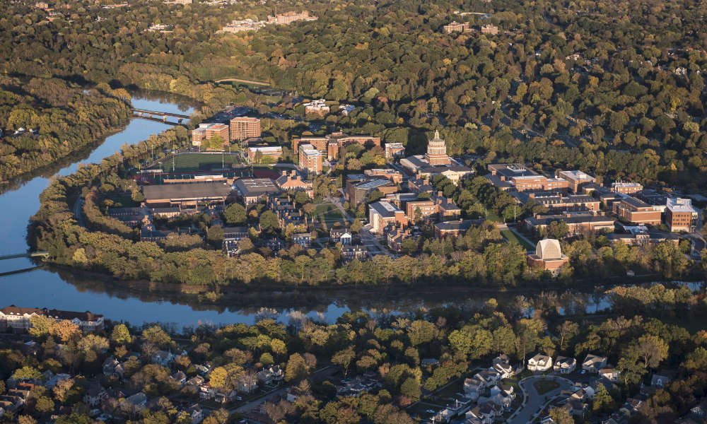 Aerial view of the River Campus and the Genesee River.