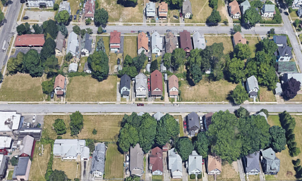 Aerial view of a Rochester, NY, neighborhood.
