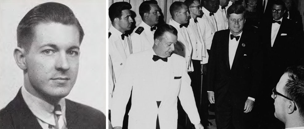 Stauffer yearbook headshot side-by-side with image of Stauffer with JFK.