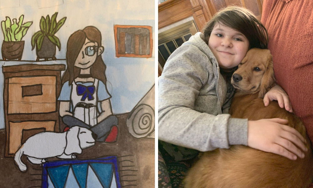 Hand-drawn self-portrait of girl, who has FASD, and her dog next to a photo of girl snuggling with her dog on a couch.