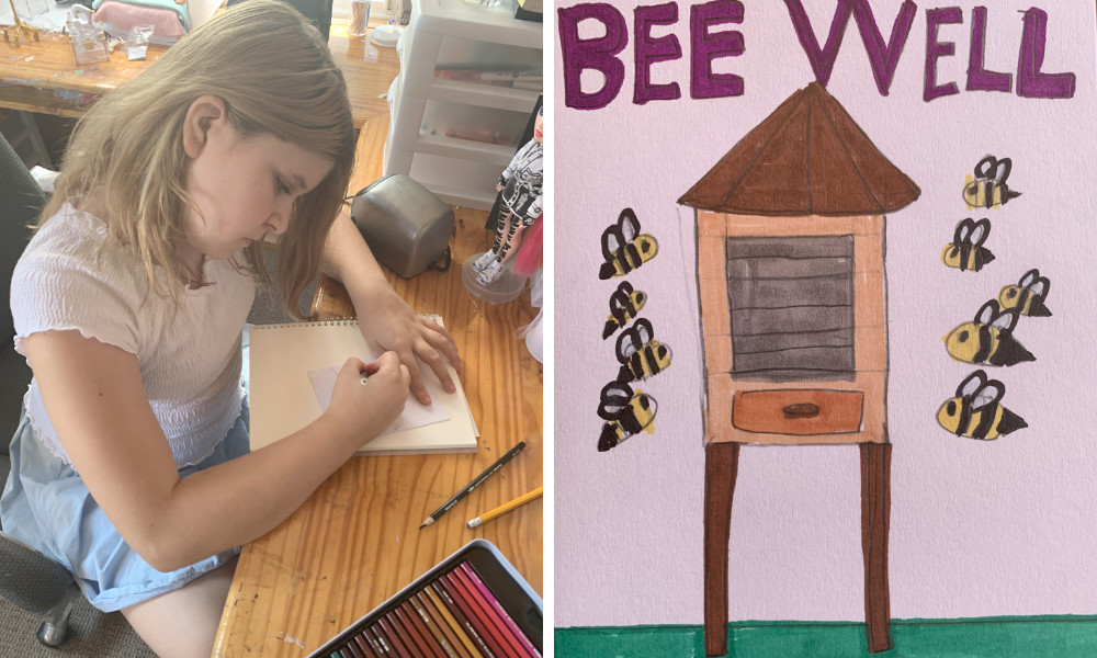 Side-by-side photo of girl with FASD drawing next to a "be well" greeting card she drew.