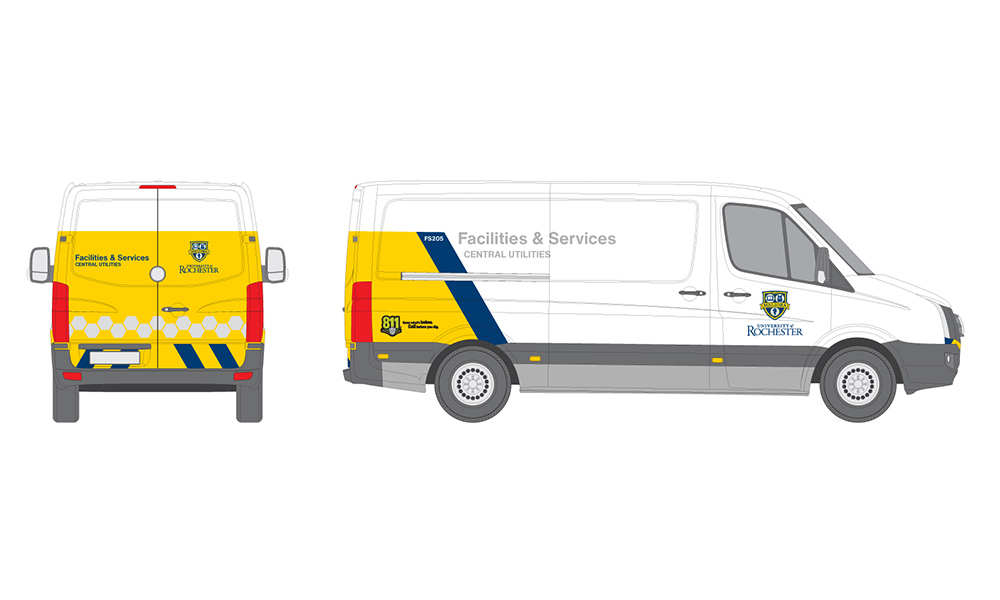 Feature image artist rendering of new vehicle graphics showing the University of Rochester logo from the side and the back.