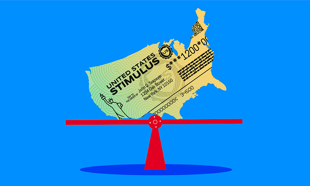 graphic of stimulus check shaped like the US balancing on a scale.